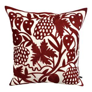 20" Embroidered White & Red Floral Pillow With Down Filling
